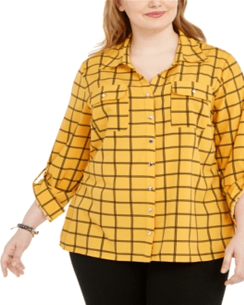 Front of a model wearing a size 1X NY Collection Women's Plus Polka Dot Button Down Shirt Yellow Size 1X in Yellow by NY Collection. | dia_product_style_image_id:314708
